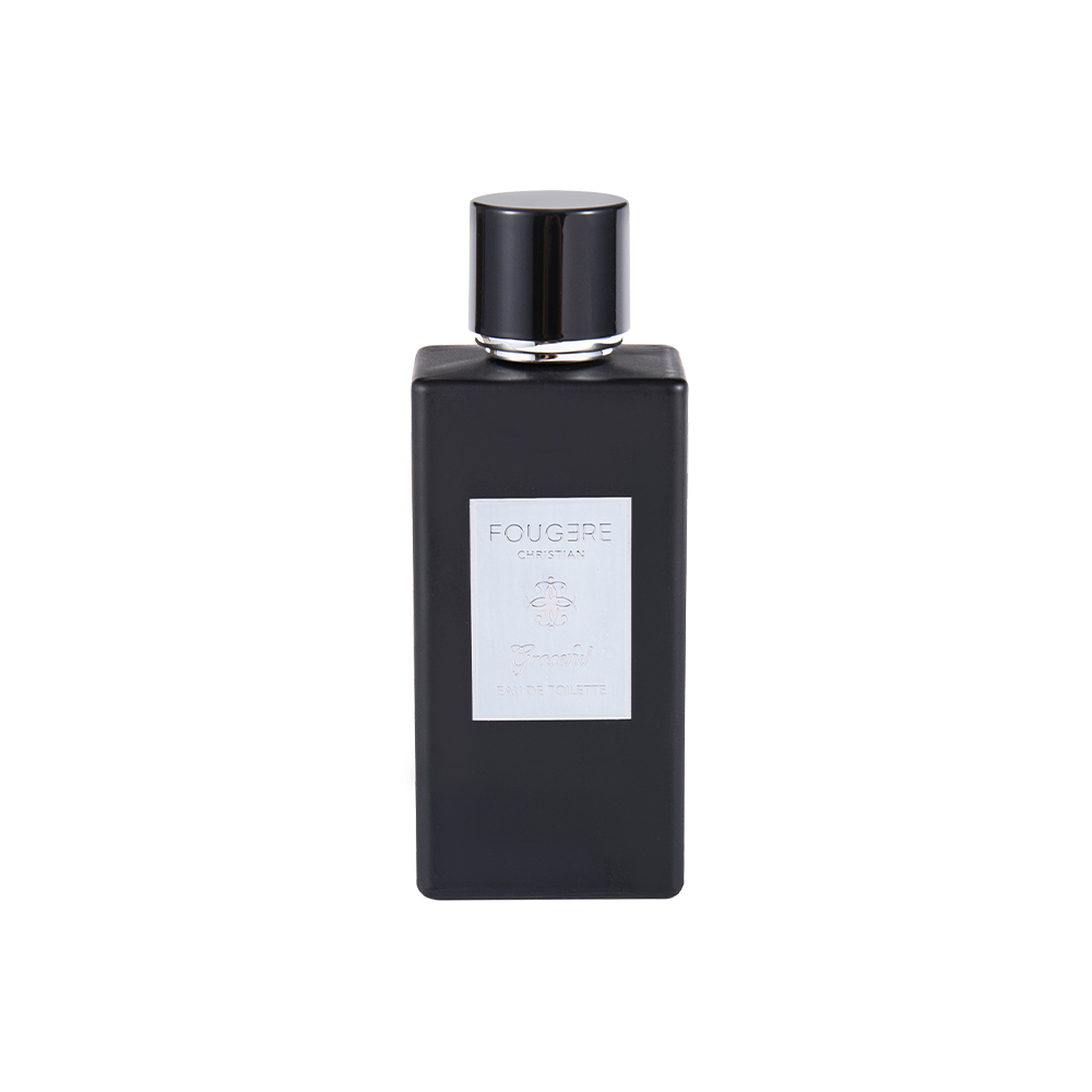 KY1481-WJ2360 Botella de perfume de vidrio negro mate de 100 ml con tapa negra brillante