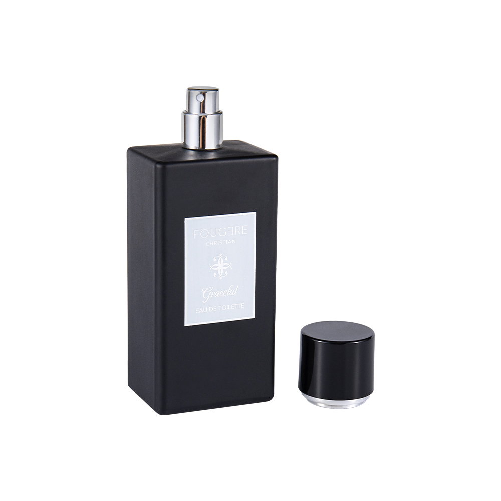 KY1481-WJ2360 Botella de perfume de vidrio negro mate de 100 ml con tapa negra brillante