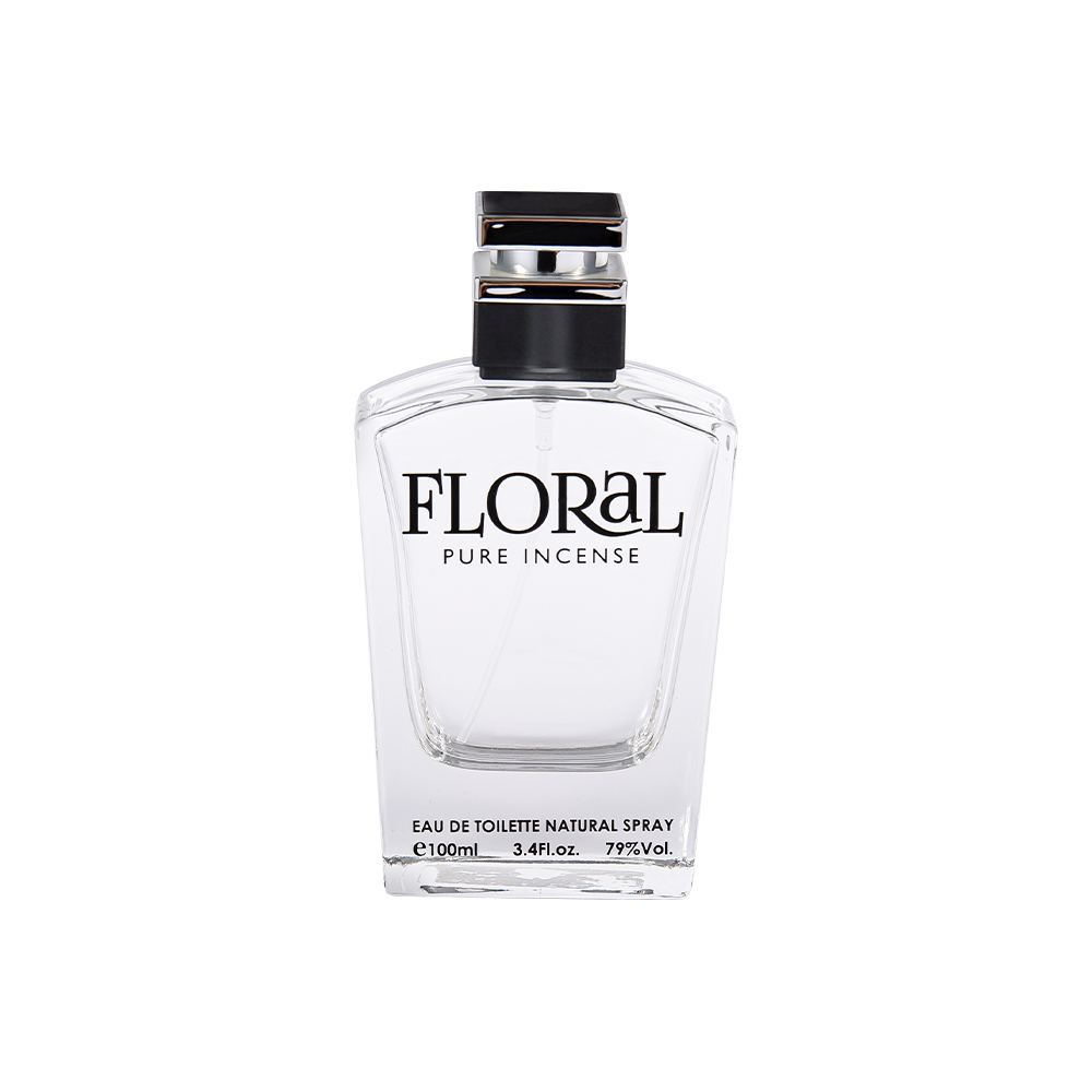 KY10-WJ2045 Botella de perfume de vidrio transparente de 50 ml con tapa negra impresa y parte plateada UV