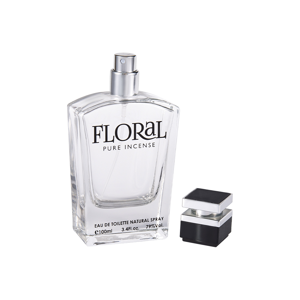 KY10-WJ2045 Botella de perfume de vidrio transparente de 50 ml con tapa negra impresa y parte plateada UV