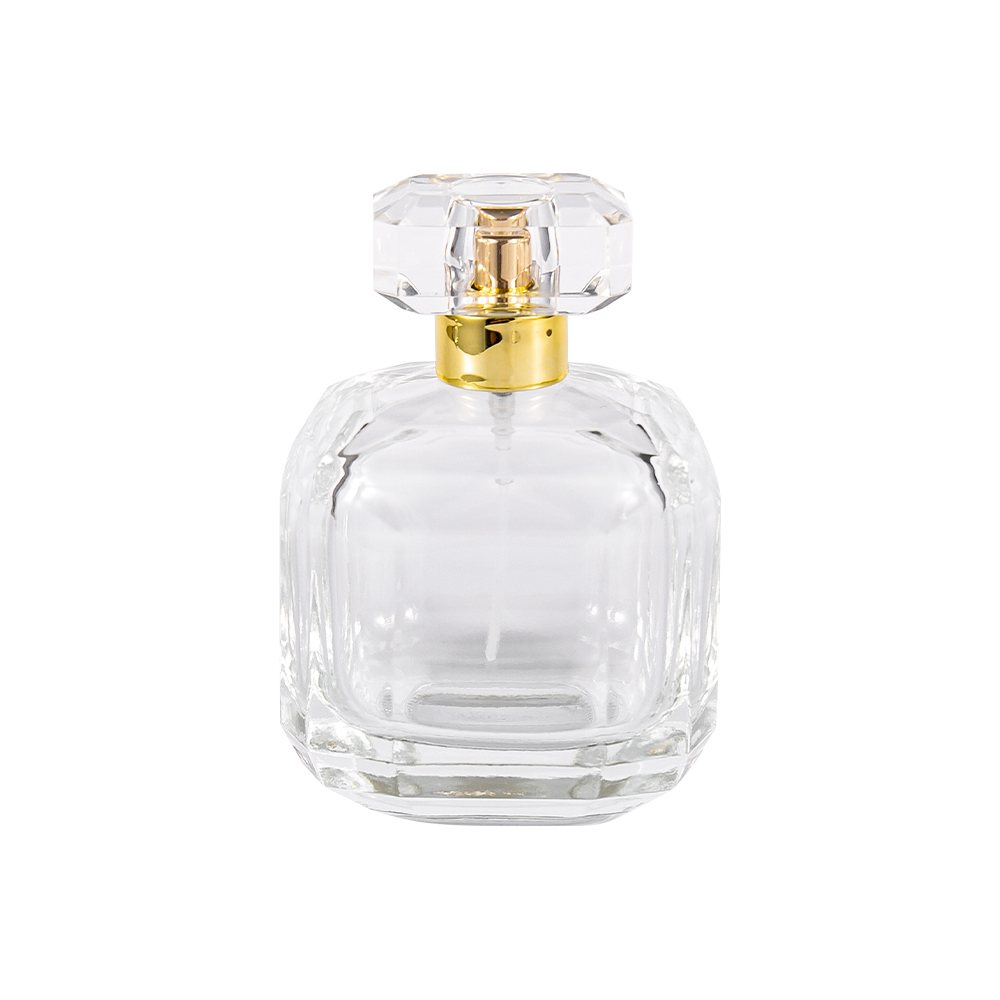 GC3898-WJ2005 Botella de perfume de vidrio transparente de 100 ml con tapa acrílica Surlyn y cuello dorado brillante