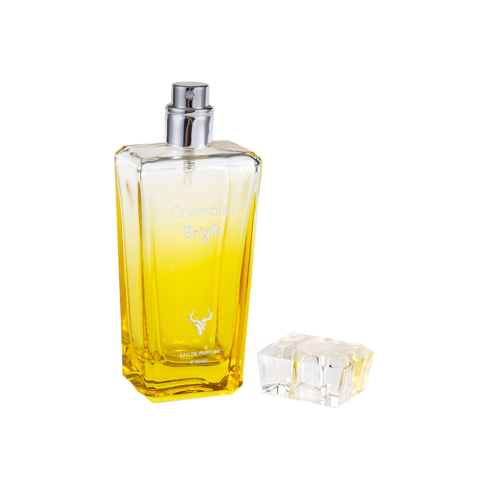 KY100-WJ64 Botella de perfume de vidrio amarillo con revestimiento degradado de 50 ml y tapa de resina K transparente