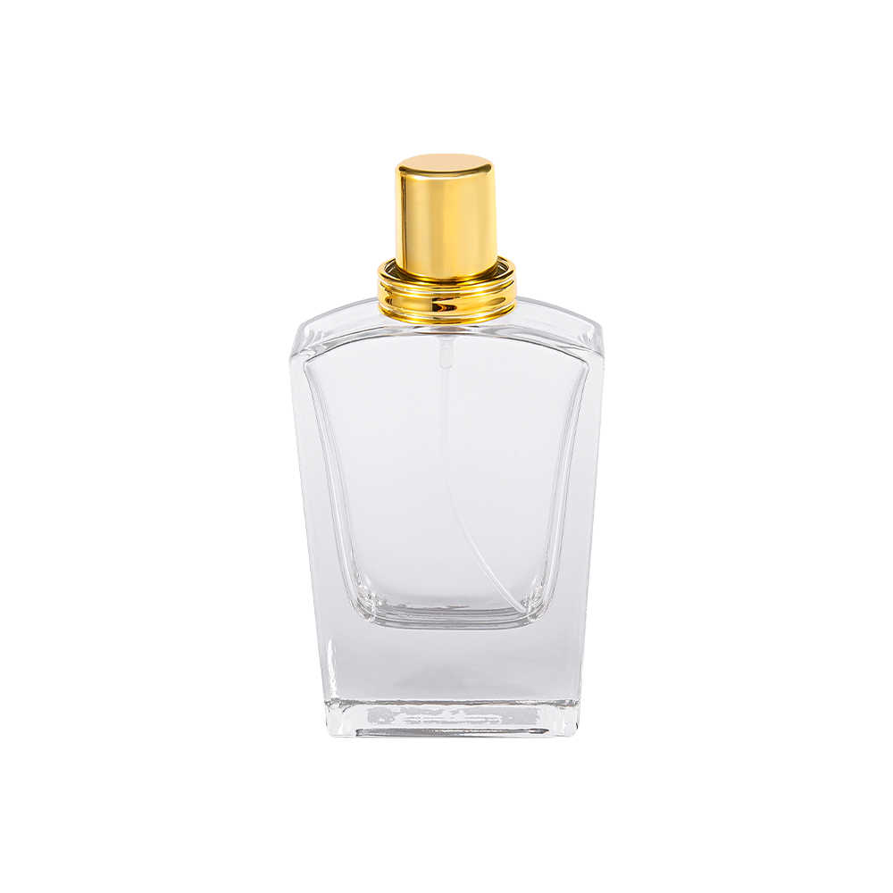 Botella de perfume de vidrio transparente KY10-WJ436 de 50 ml con tapa dorada brillante UV