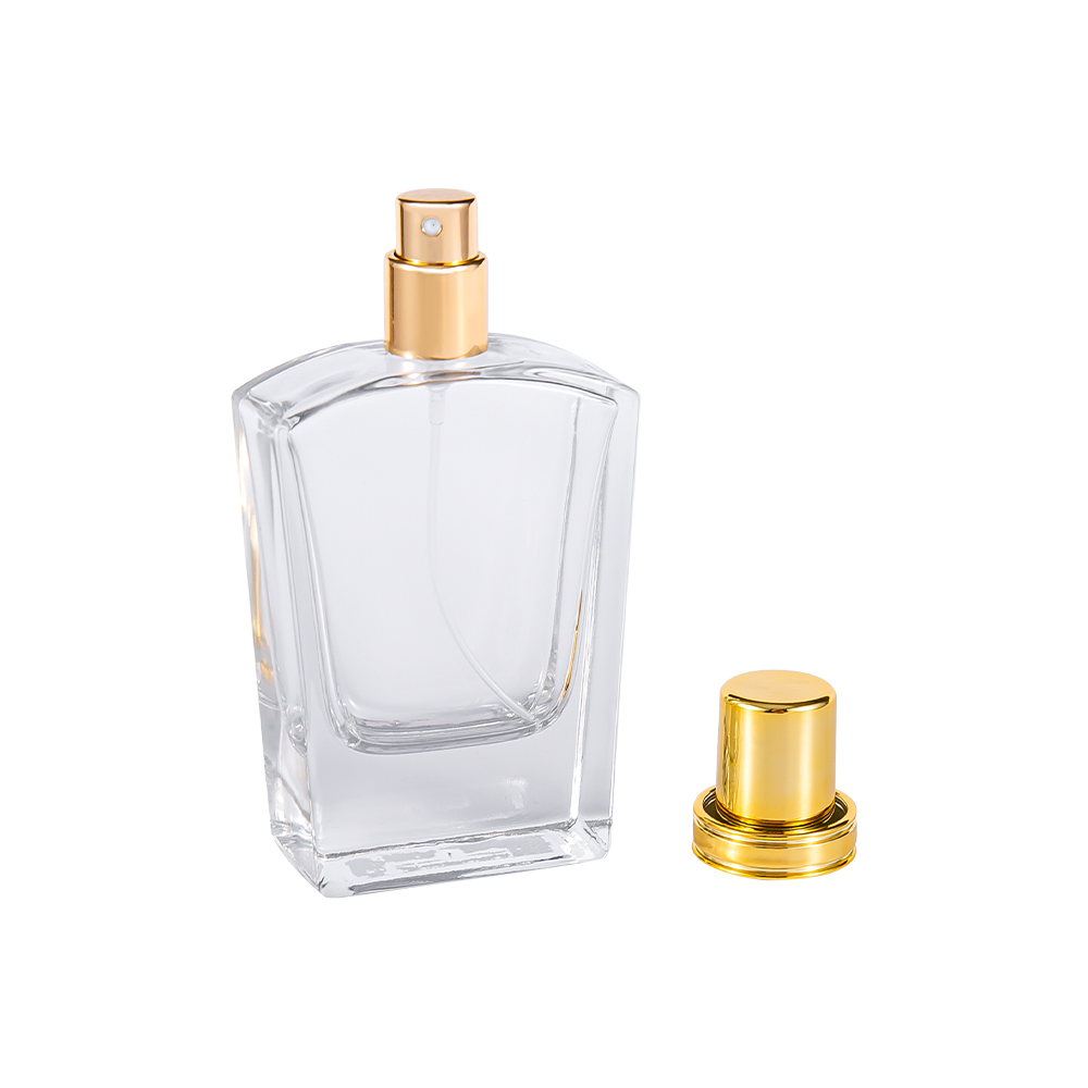 Botella de perfume de vidrio transparente KY10-WJ436 de 50 ml con tapa dorada brillante UV