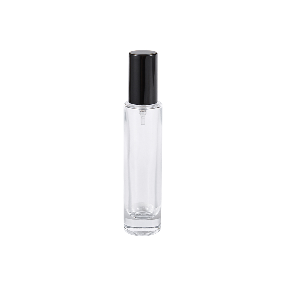GC4423-WJ2369 Botella de perfume de vidrio transparente de 30 ml con tapa cilíndrica de PP negro brillante