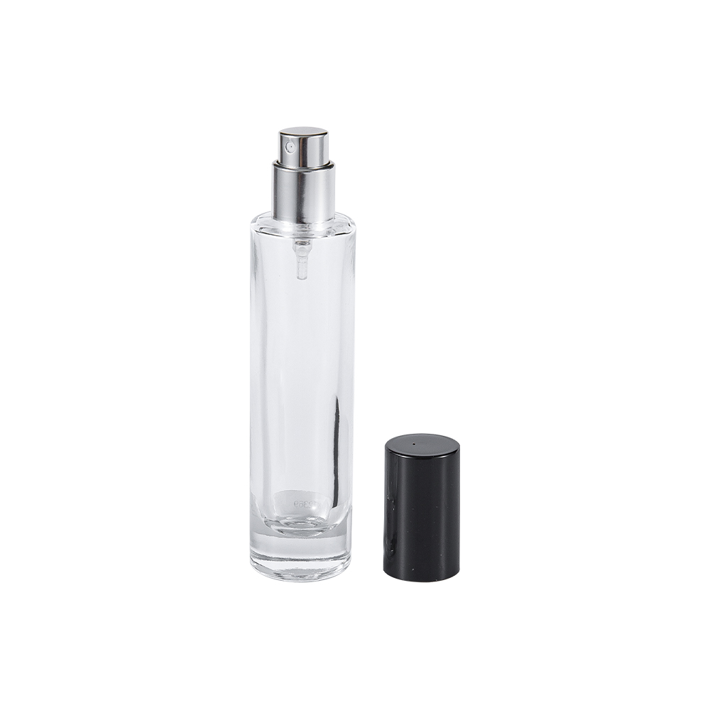 GC4423-WJ2369 Botella de perfume de vidrio transparente de 30 ml con tapa cilíndrica de PP negro brillante