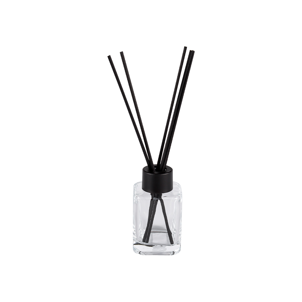 Botella difusora cuadrada HJ-RX2248 con tapa de plástico con cuello roscado y pegatina de fibra negra mate