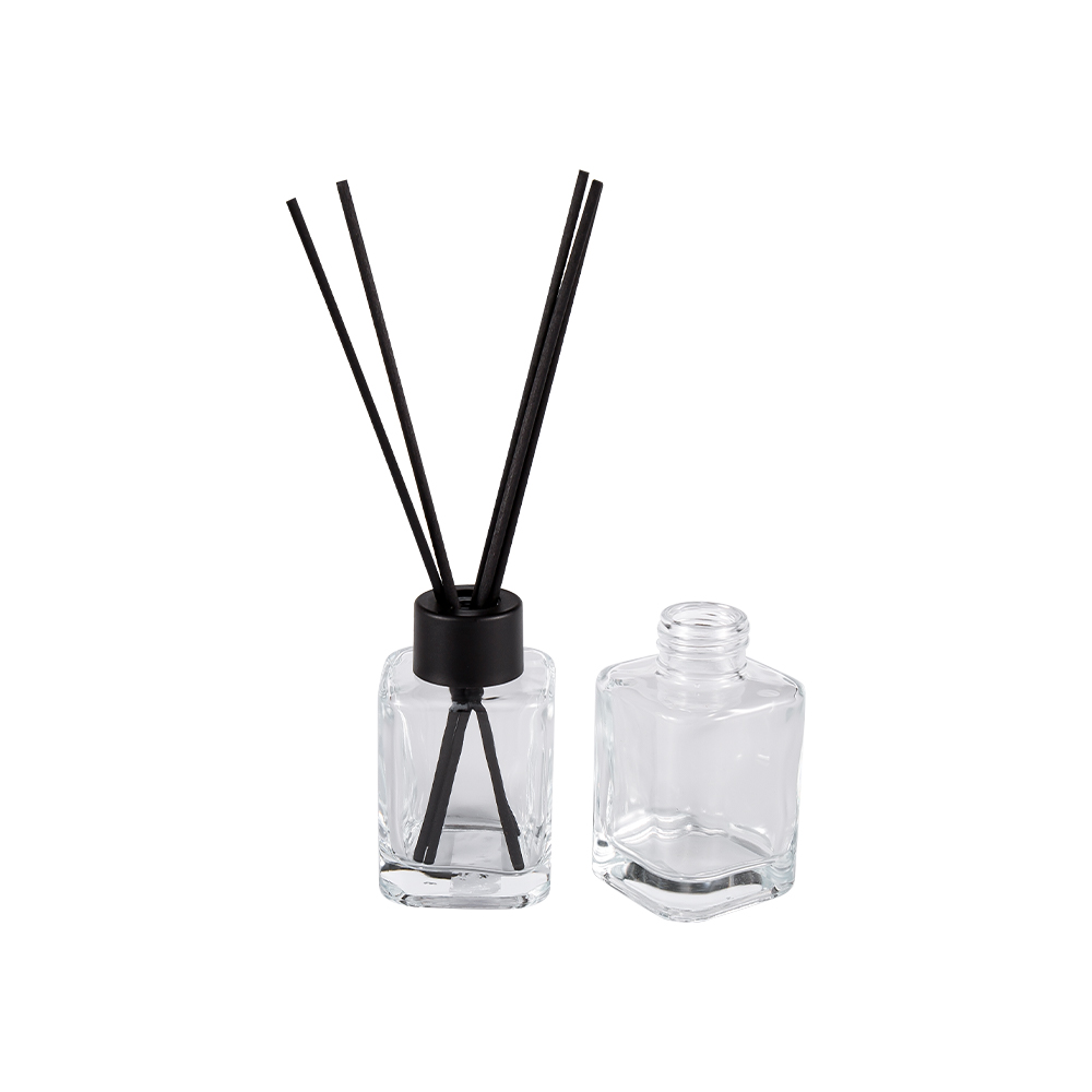 Botella difusora cuadrada HJ-RX2248 con tapa de plástico con cuello roscado y pegatina de fibra negra mate