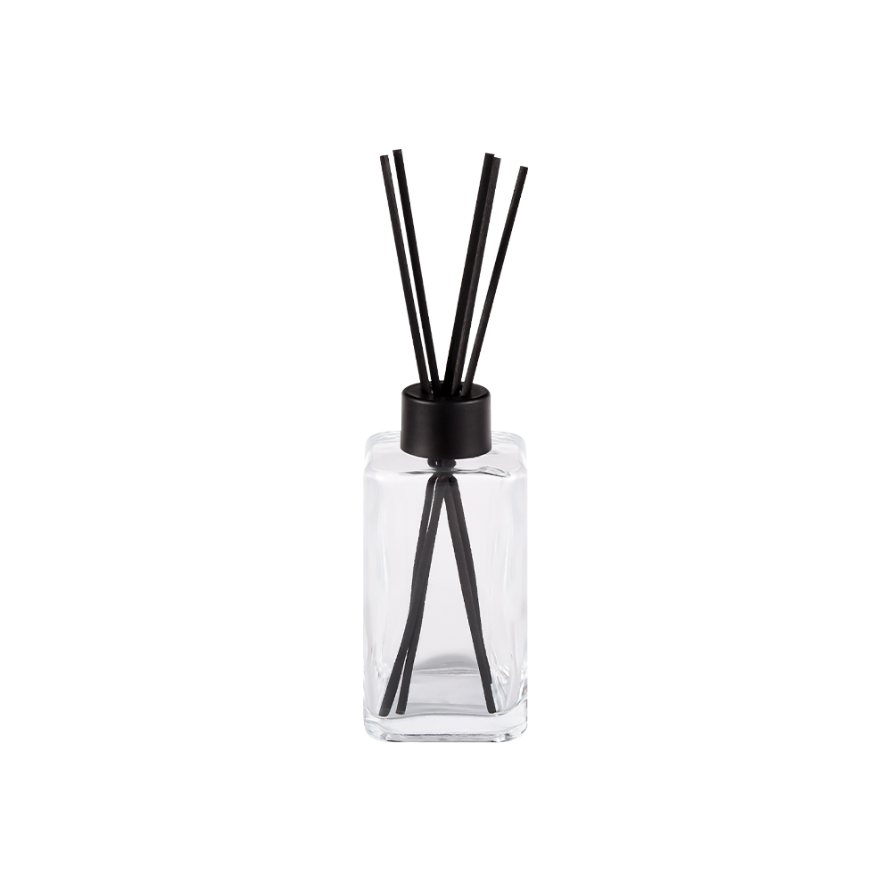 HJ-RX2247 Botella de aromaterapia de vidrio transparente Tapa de botella negra mate de gran capacidad Tapa de aluminio Pegatina de fibra