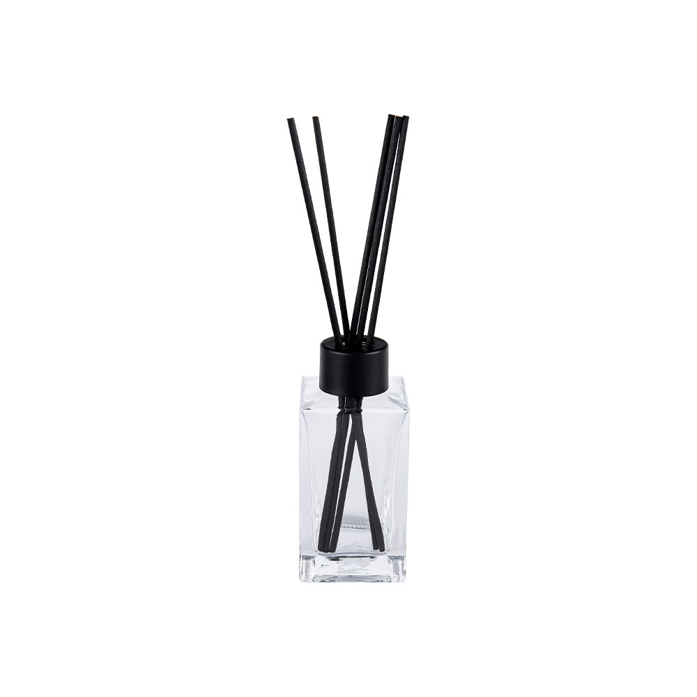 HJ-8199# Botella rectangular de aromaterapia de vidrio con cuello roscado de 24 mm y tapa de aluminio con inserto de PP para sello