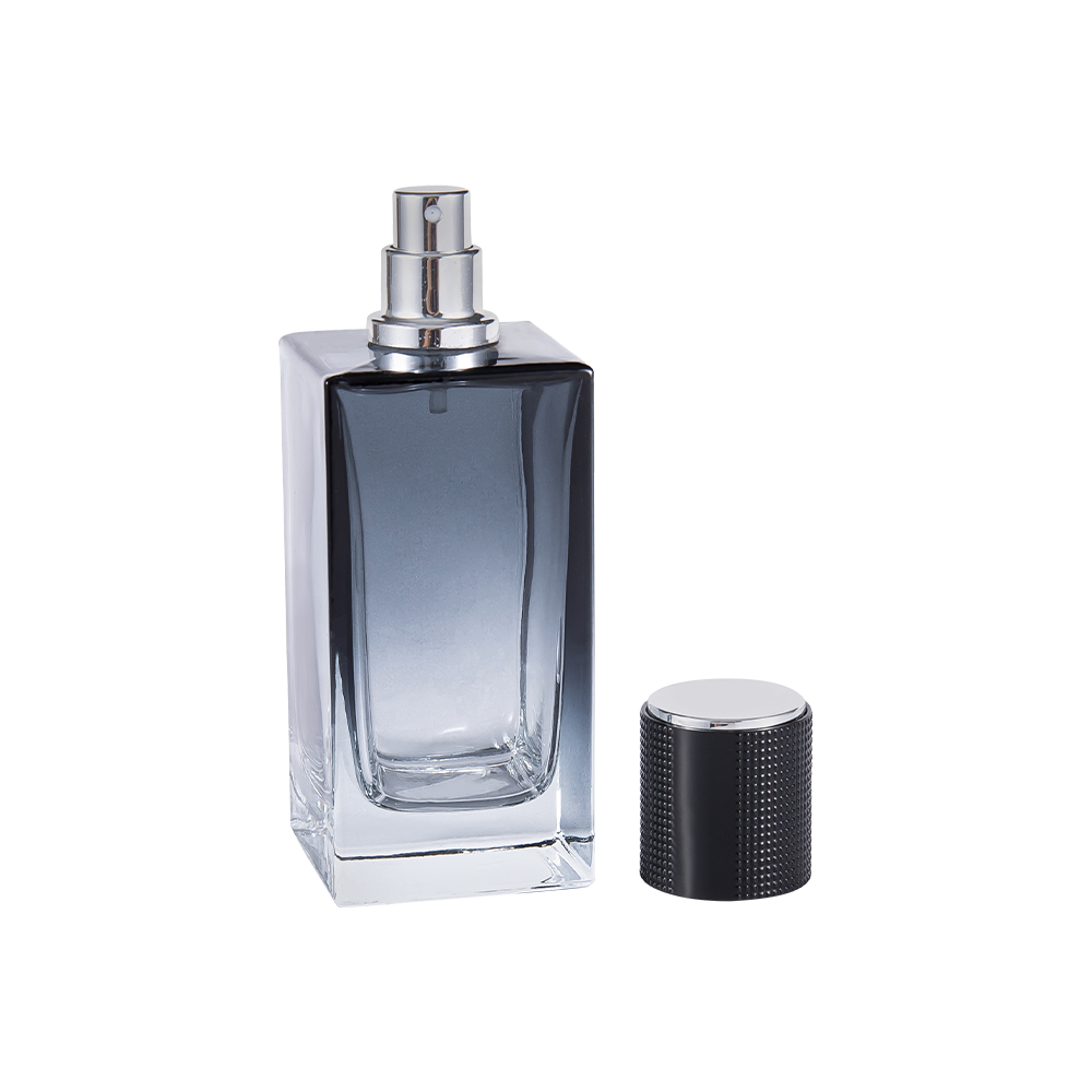 Botella de perfume de vidrio rectangular KY368-WJ2271 de 50 ml con revestimiento degradado, tapa de plástico ABS y revestimiento plateado UV