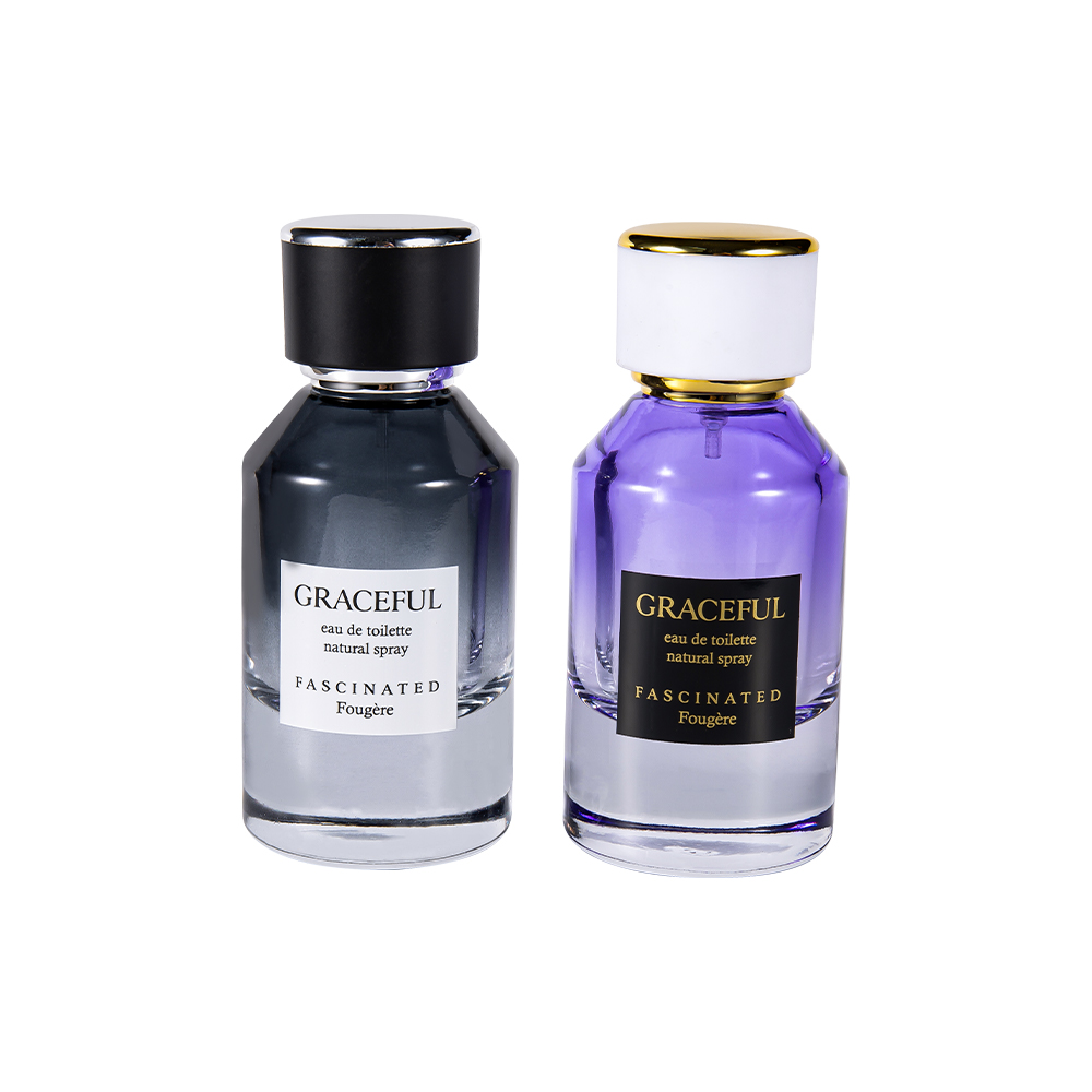 GC4416-WJ2098 Botella de perfume de vidrio estampada recubierta de 50 ml con cuero, tapa de plástico ABS y revestimiento de PP a prueba de rayos UV