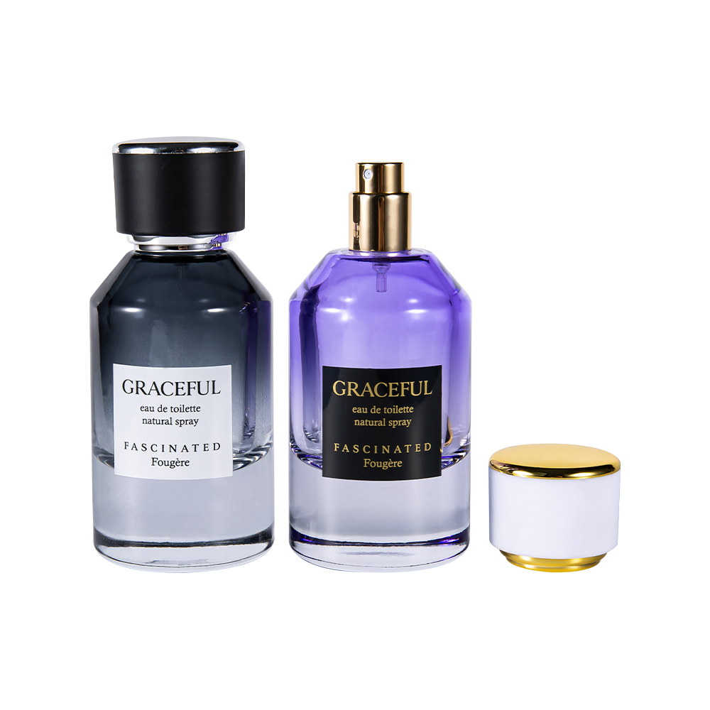 GC4416-WJ2098 Botella de perfume de vidrio estampada recubierta de 50 ml con cuero, tapa de plástico ABS y revestimiento de PP a prueba de rayos UV