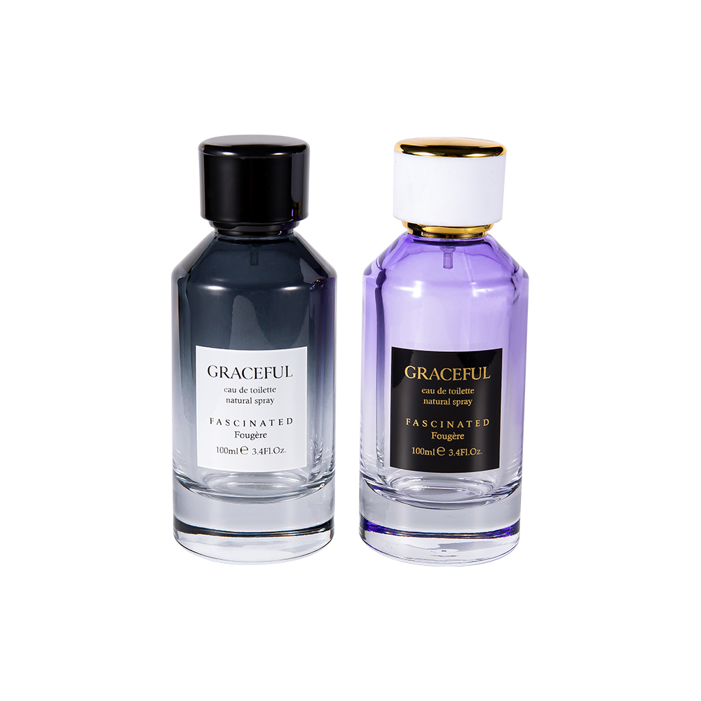GC4418-WJ2098 Botella de perfume de vidrio estampada recubierta de color de 100 ml con tapa de plástico ABS de cuero y revestimiento de PP UV