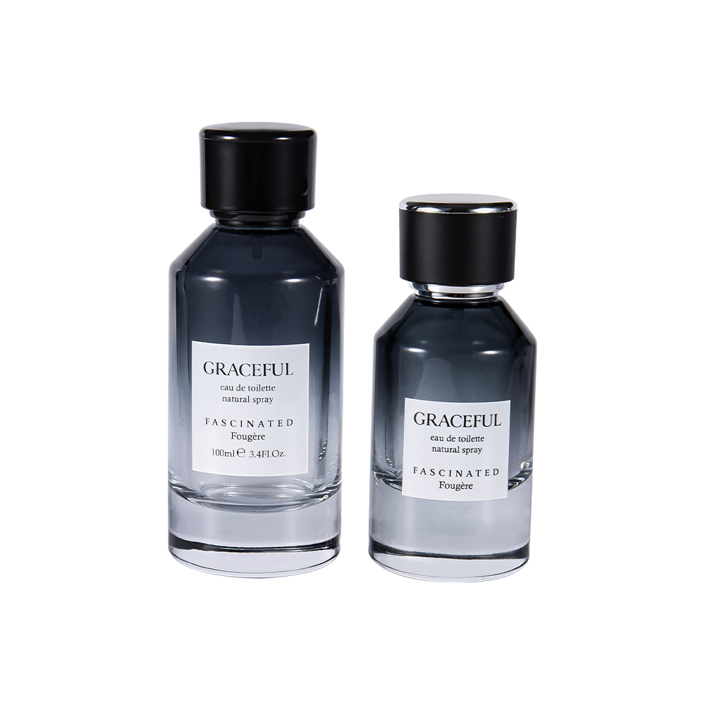 GC4418-WJ2098 Botella de perfume de vidrio estampada recubierta de color de 100 ml con tapa de plástico ABS de cuero y revestimiento de PP UV