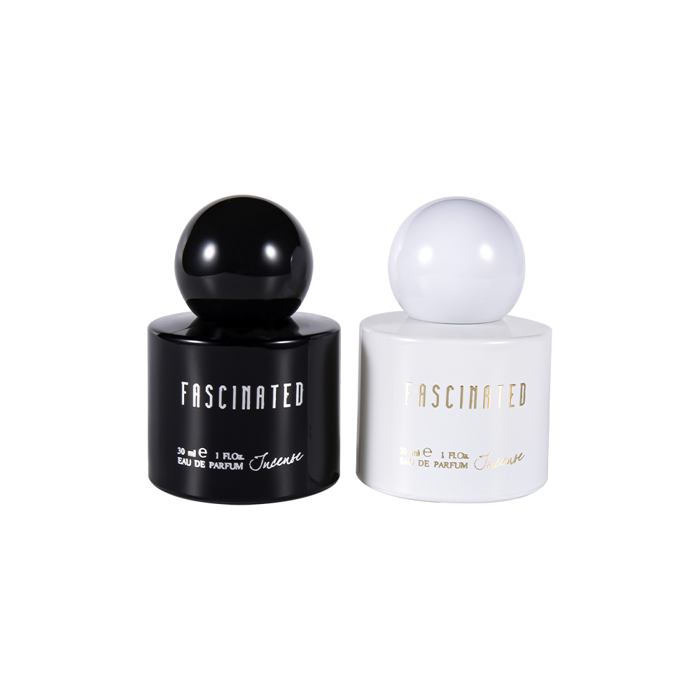 GC4748-WJ2537 Botella de perfume de vidrio recubierta de oro cilíndrica de 30 ml con tapa esférica de plástico ABS PP