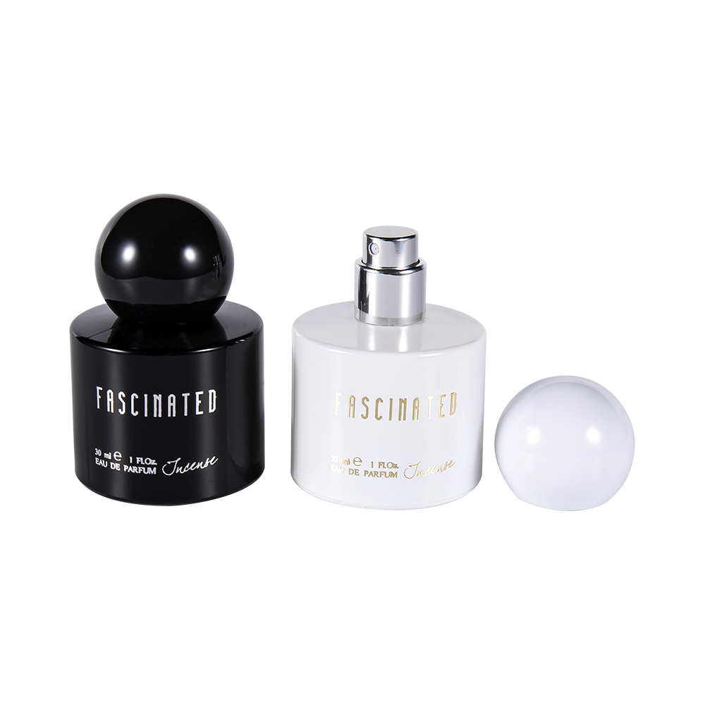 GC4748-WJ2537 Botella de perfume de vidrio recubierta de oro cilíndrica de 30 ml con tapa esférica de plástico ABS PP