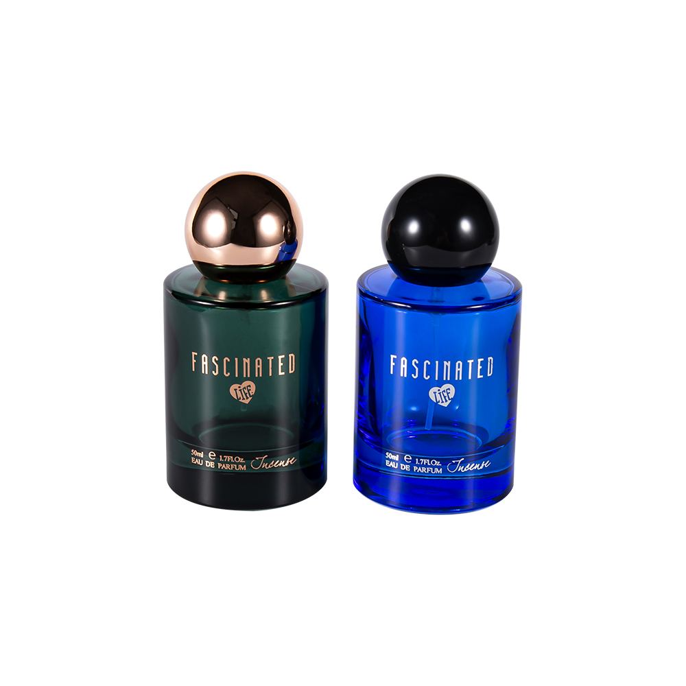 GC4749-WJ2537 Botella de perfume de vidrio recubierta de oro cilíndrica de 50 ml con tapa esférica de plástico ABS PP