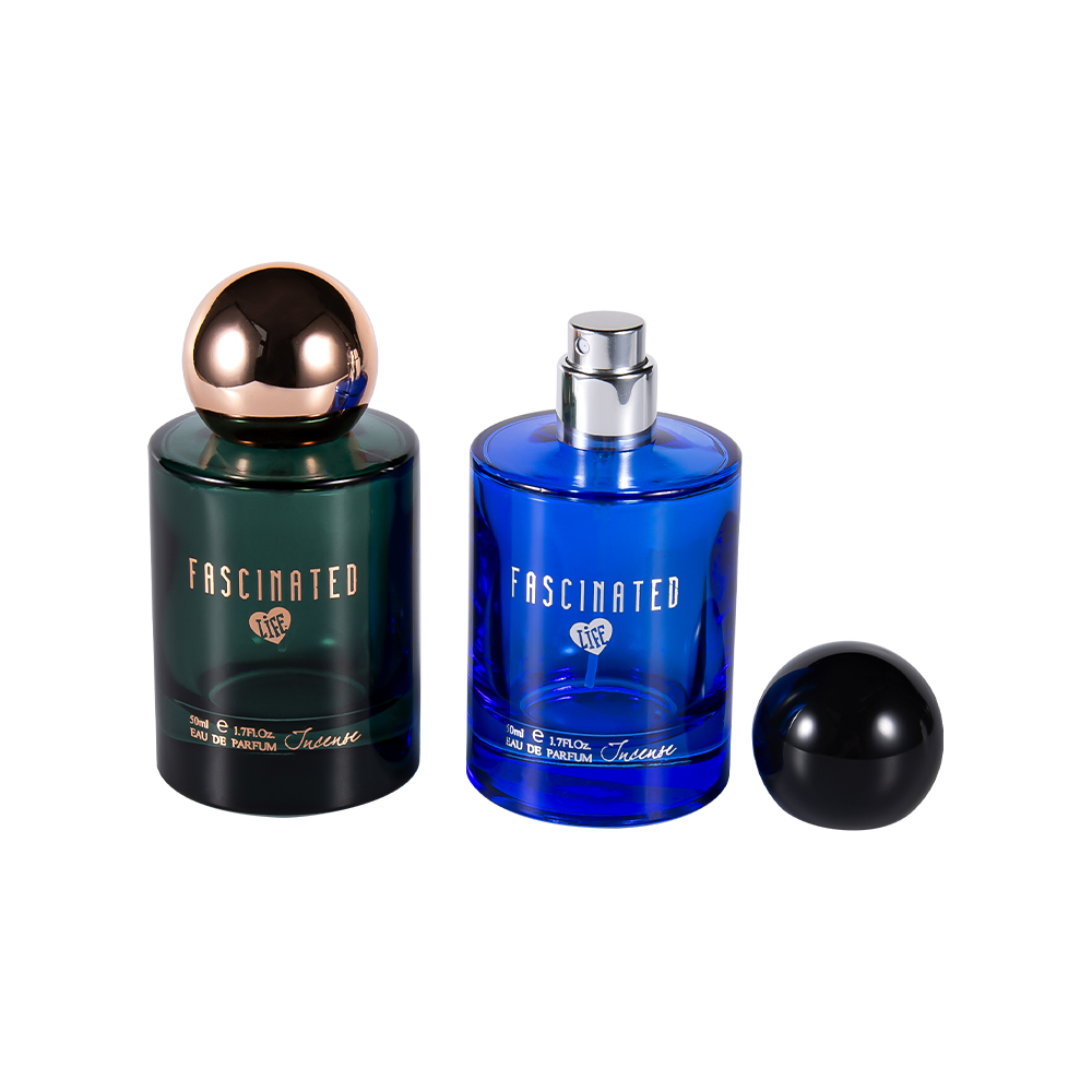 GC4749-WJ2537 Botella de perfume de vidrio recubierta de oro cilíndrica de 50 ml con tapa esférica de plástico ABS PP