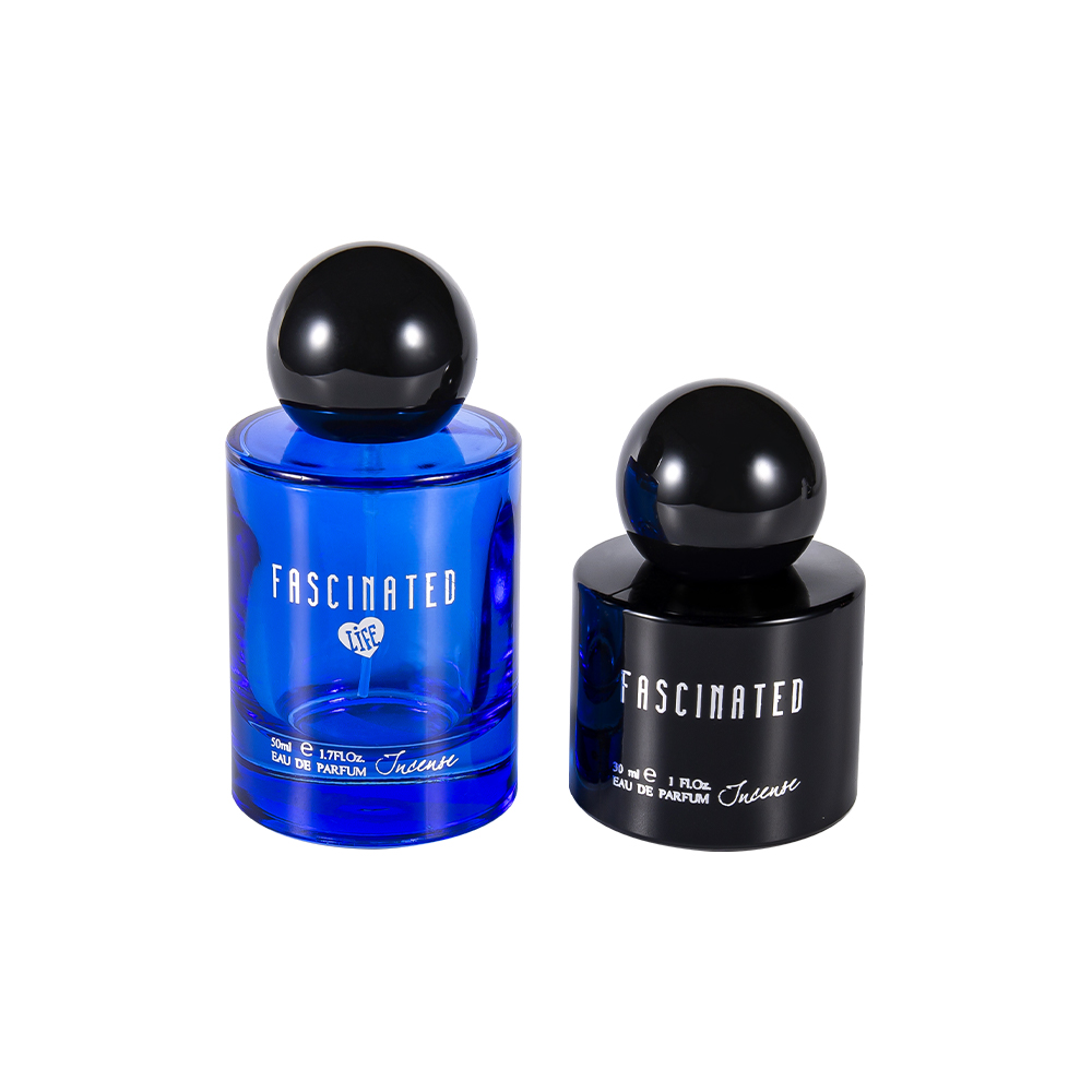 GC4748-WJ2537 Botella de perfume de vidrio recubierta de oro cilíndrica de 30 ml con tapa esférica de plástico ABS PP