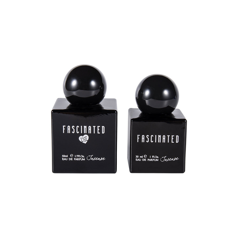 KY150-WJ2537 Botella de perfume de vidrio impresa en color cubo de 30 ml con tapa esférica de plástico UV