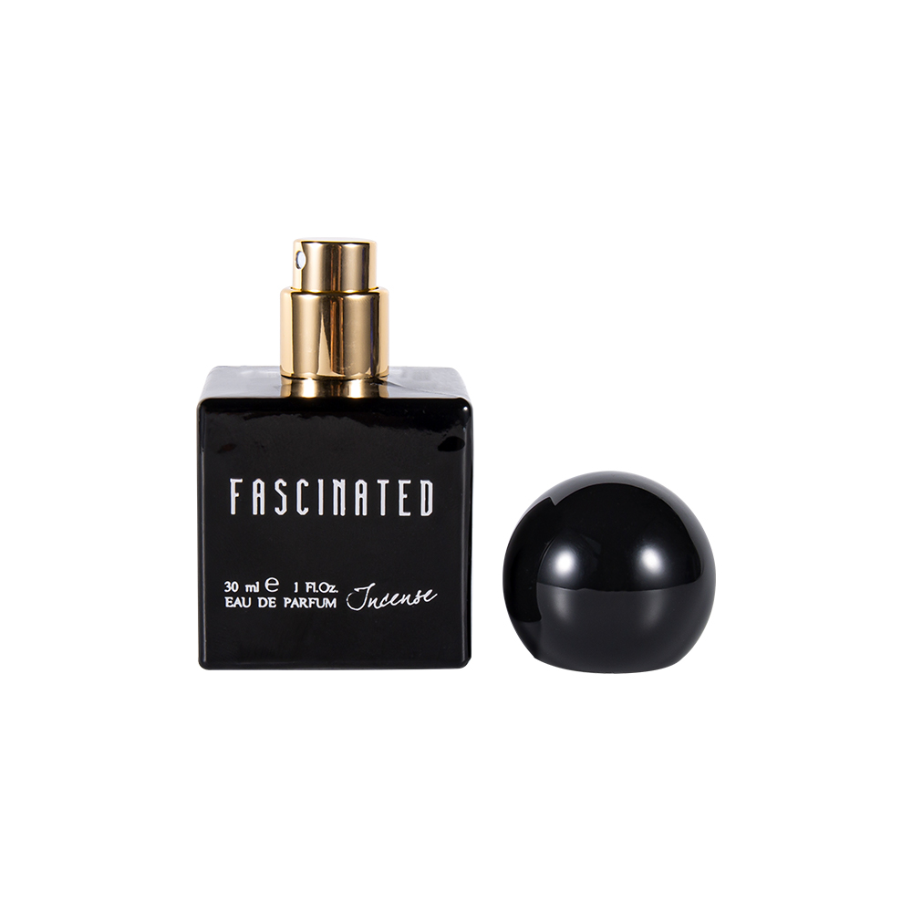 KY150-WJ2537 Botella de perfume de vidrio impresa en color cubo de 30 ml con tapa esférica de plástico UV