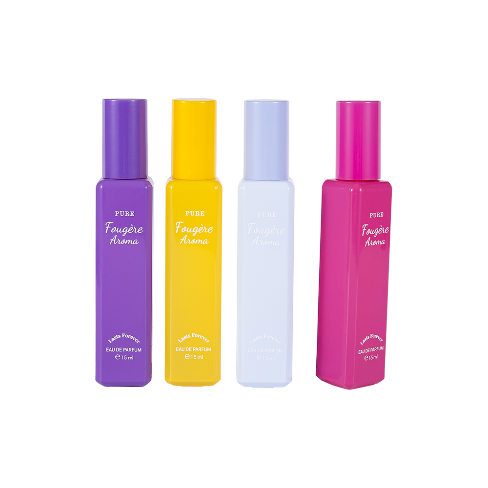 GC4222-WJ2369 Botella de perfume de vidrio recubierta de pequeña capacidad de 15 ml con tapa de plástico PP de colores