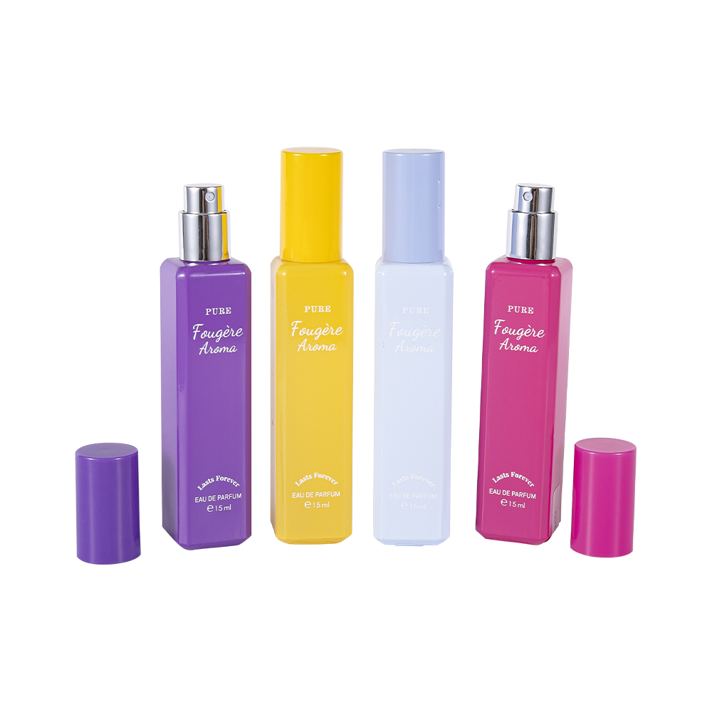 GC4222-WJ2369 Botella de perfume de vidrio recubierta de pequeña capacidad de 15 ml con tapa de plástico PP de colores