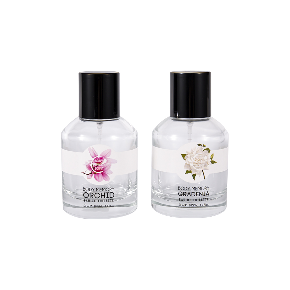 GC4815-WJ2531 Botella de perfume de vidrio transparente de 50 ml con tapa de plástico PP negro