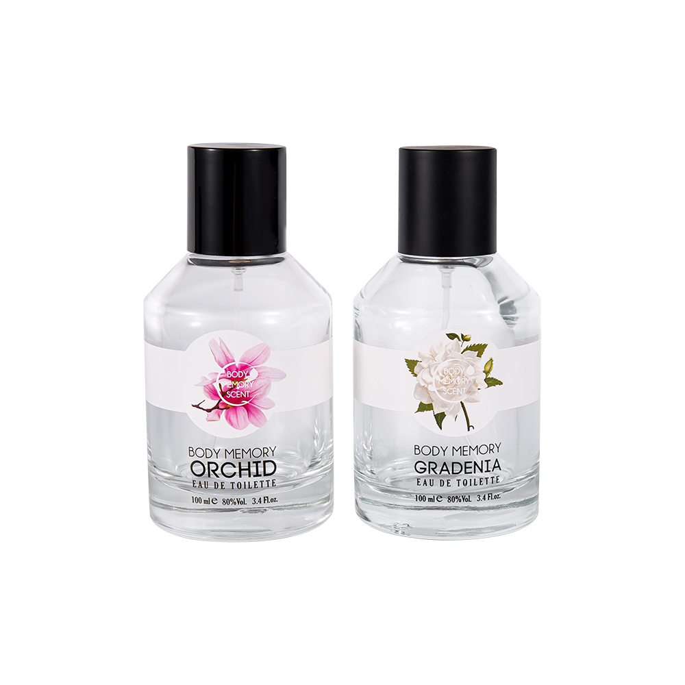 KY1603-WJ2388 Botella de perfume de vidrio con pegatina impresa de 100 ml y tapa de PP cilíndrica negra mate brillante