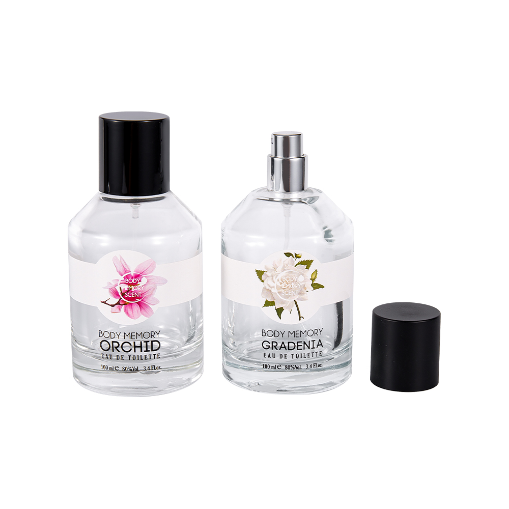 KY1603-WJ2388 Botella de perfume de vidrio con pegatina impresa de 100 ml y tapa de PP cilíndrica negra mate brillante