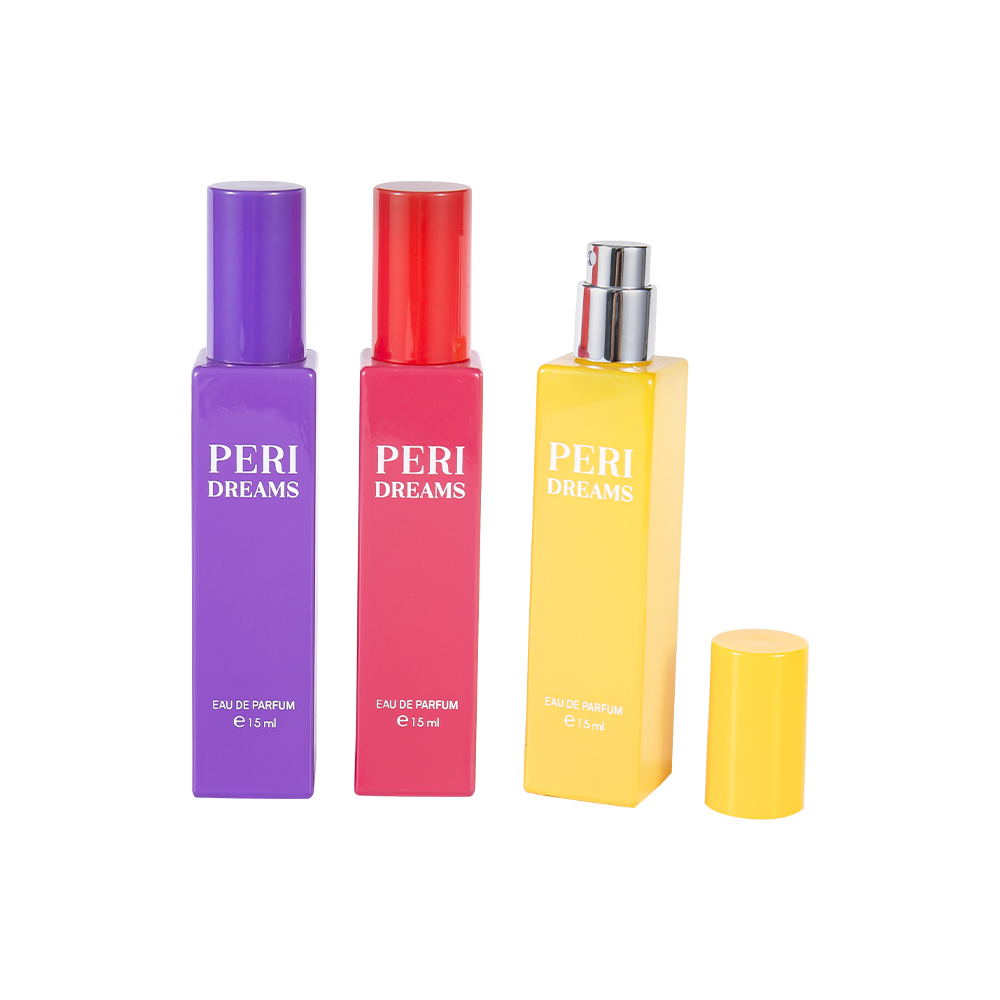 GC4421-WJ2369B Botella de perfume de vidrio rectangular recubierta de mini capacidad de 15 ml con tapa cilíndrica de PP