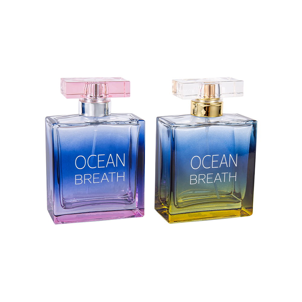 Botella de perfume de vidrio recubierta de dos tonos GC4375-WJ208 de 100 ml con tapa recubierta de UV Surlyn