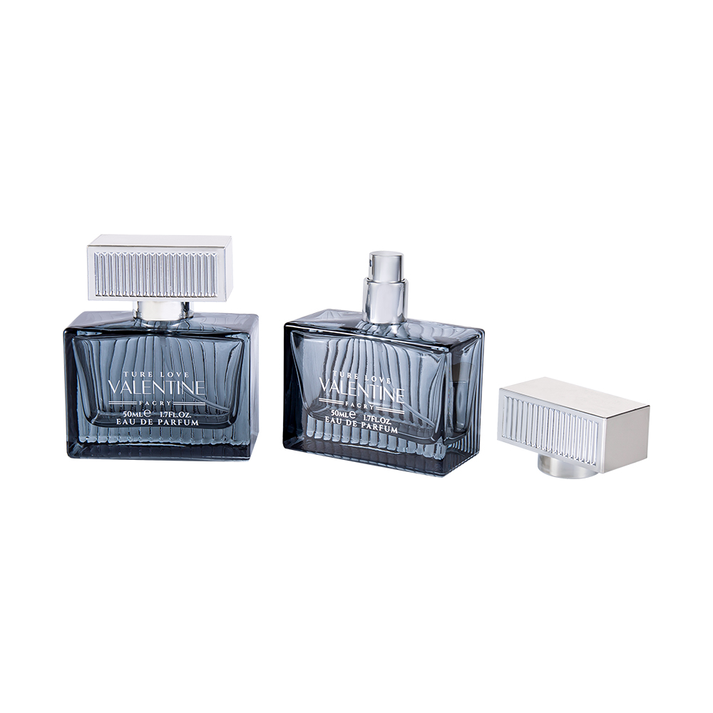 KY1111-WJ2092 Botella de perfume de vidrio con rayas verticales de 50 ml y cubierta de plástico UV ABS