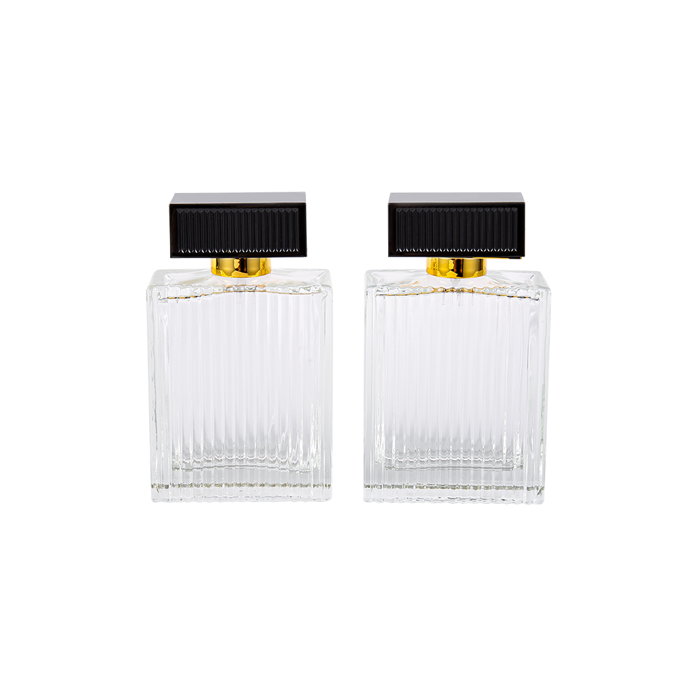 KY1112-WJ2092 Botella de perfume de vidrio con tiras verticales de 100 ml y tiras de cubierta de plástico Abs