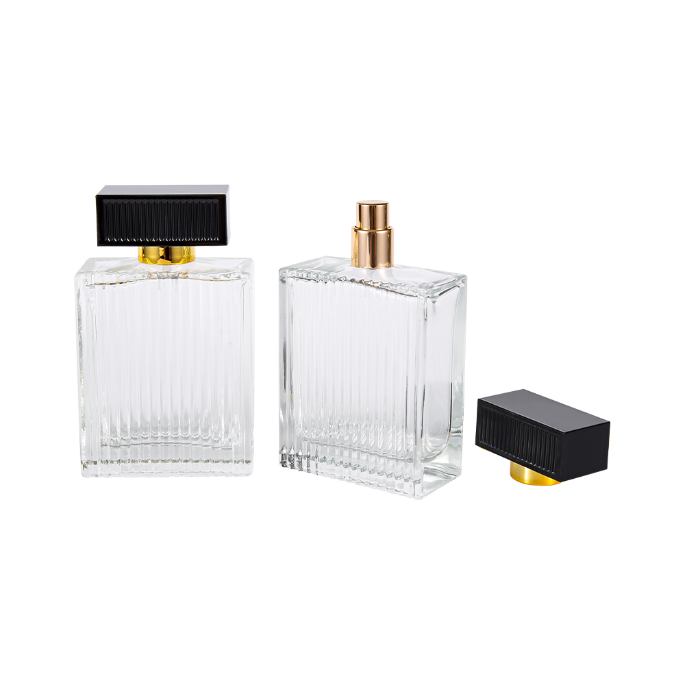 KY1112-WJ2092 Botella de perfume de vidrio con tiras verticales de 100 ml y tiras de cubierta de plástico Abs