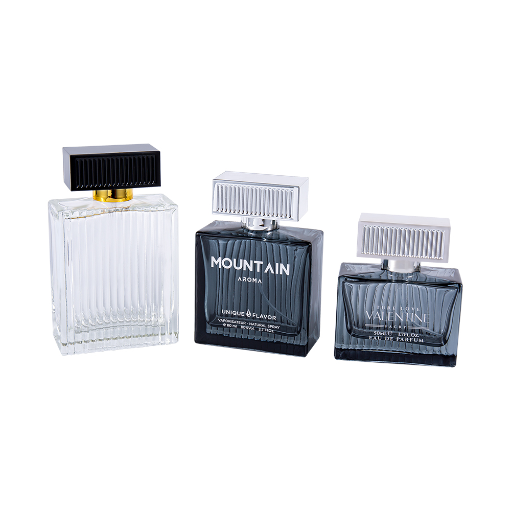 GC4311-WJ2092 Botella de perfume de vidrio con rayas verticales de 80 ml y cubierta de rayas de plástico ABS
