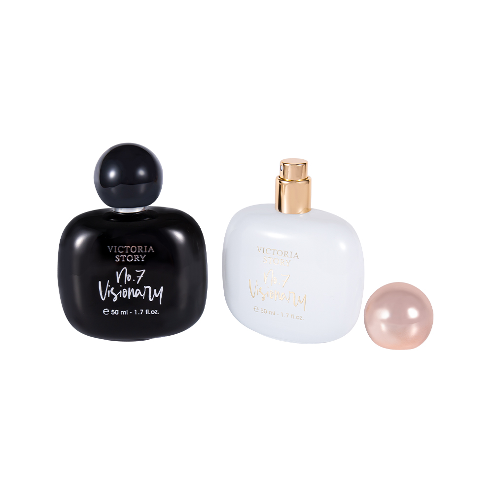KY943-WJ2434 Botella de perfume de vidrio estampada en caliente recubierta de 50 ml Tapa de perfume ABS esférica