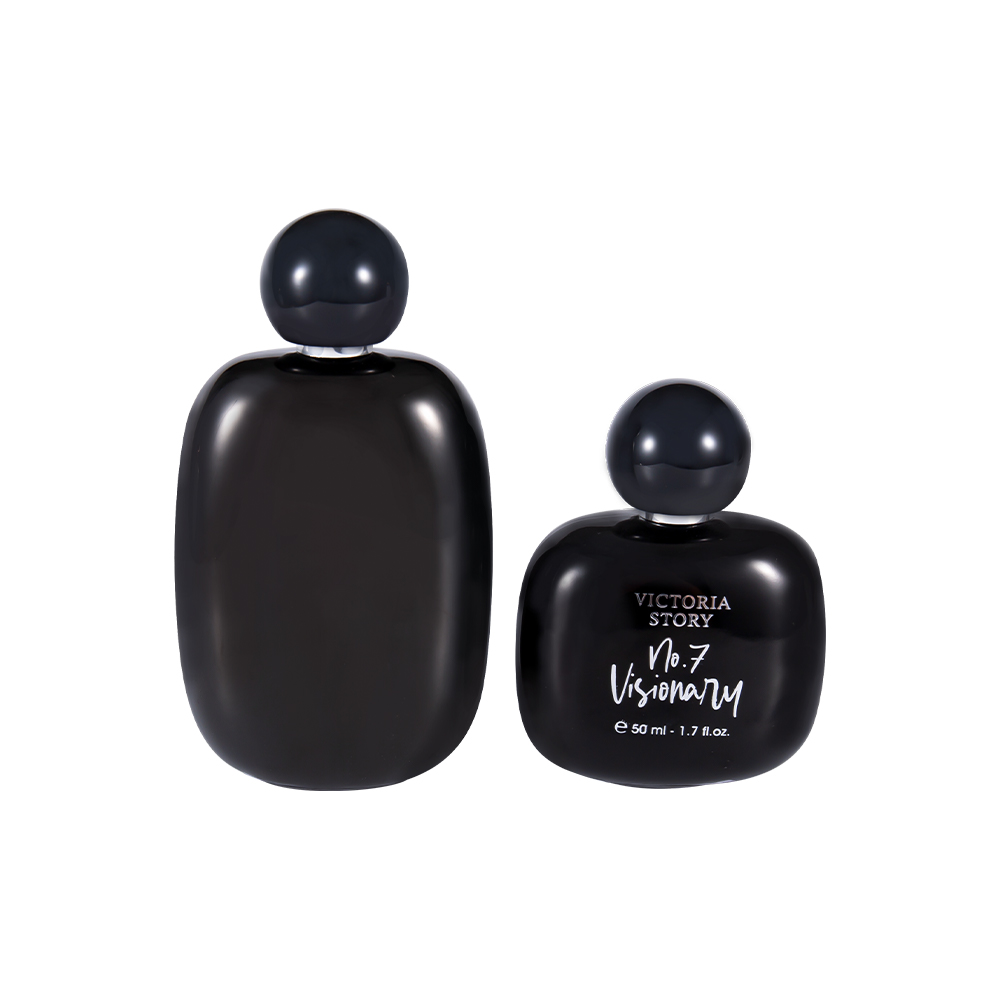 KY943-WJ2434 Botella de perfume de vidrio estampada en caliente recubierta de 50 ml Tapa de perfume ABS esférica
