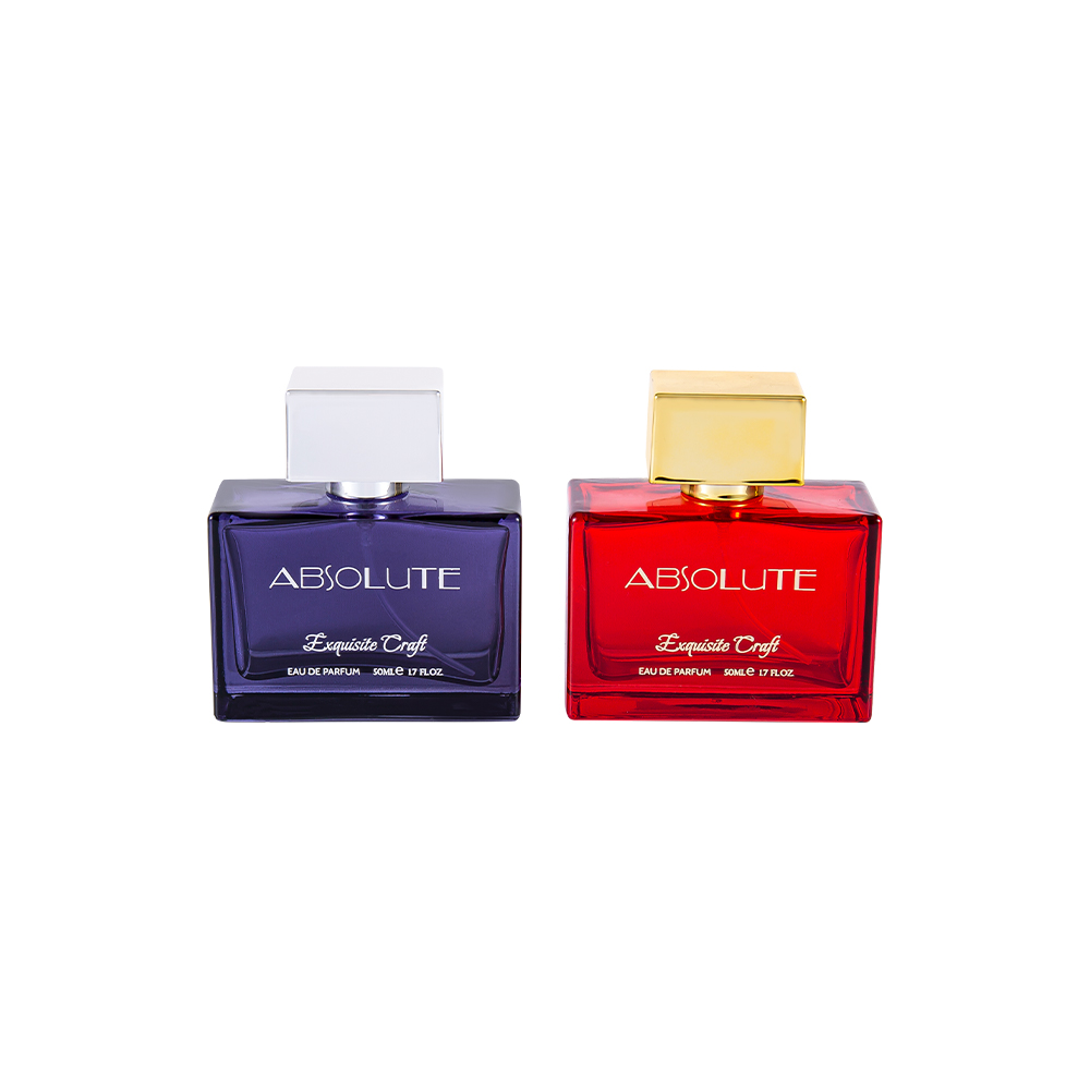 KY108-2126# Botella de perfume estampada en color rectangular de 50 ml con tapa de perfume PP en plata UV y oro