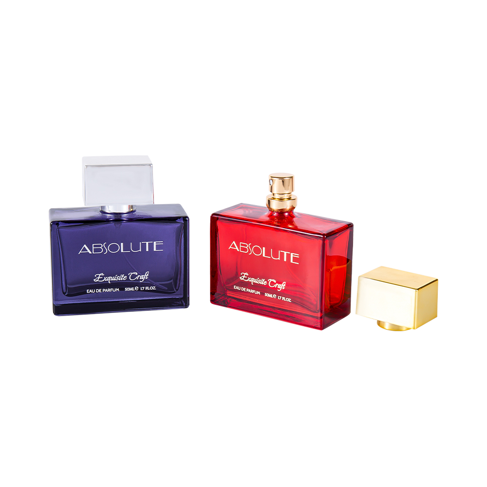 KY108-2126# Botella de perfume estampada en color rectangular de 50 ml con tapa de perfume PP en plata UV y oro