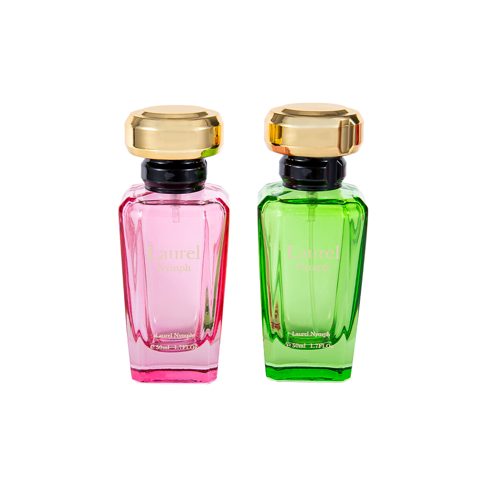 GC4354-WJ2432 Botella de perfume verde rosa recubierta de UV de 50 ml con tapa de plástico dorado brillante