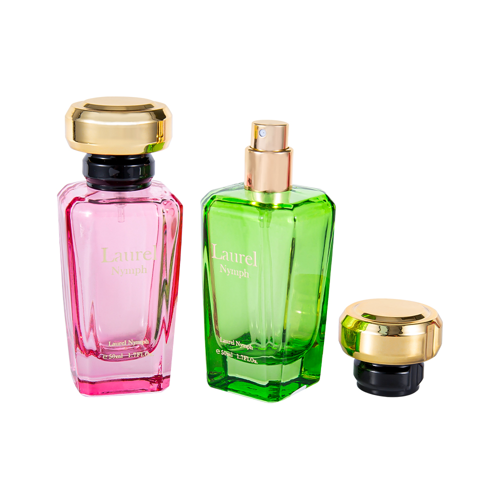 GC4354-WJ2432 Botella de perfume verde rosa recubierta de UV de 50 ml con tapa de plástico dorado brillante