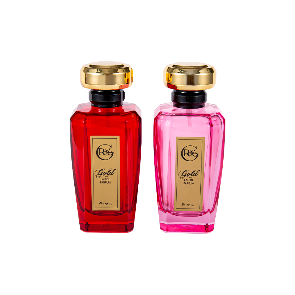 KY1602-WJ2432 Botella de vidrio de perfume con revestimiento rojo rosa de 100 ml, tapa de perfume con forma personalizada
