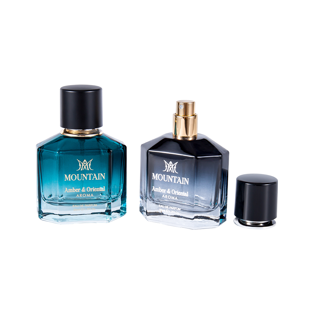 GC4030-WJ2099 Botella de perfume de vidrio de 50 ml con impresión de revestimiento y cinta de estampado en caliente Tapa de perfume UV PP Abs