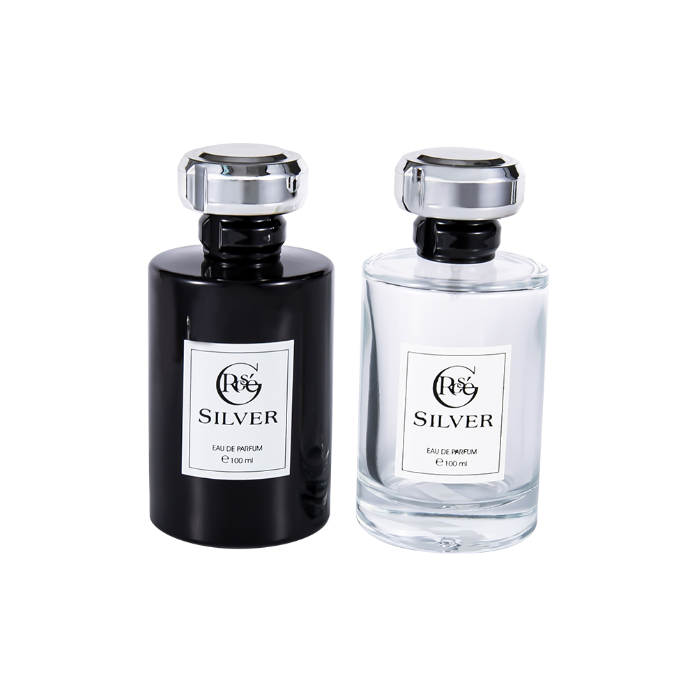 KY1601-WJ2432 Botella de perfume de vidrio recubierta de negro brillante de 100 ml con tapa de perfume de plástico plateado Uv