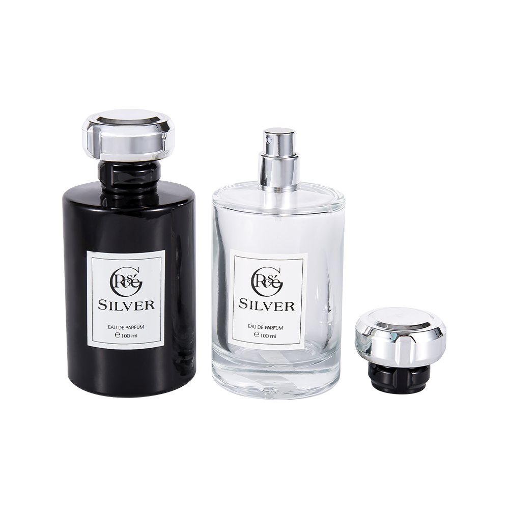 KY1601-WJ2432 Botella de perfume de vidrio recubierta de negro brillante de 100 ml con tapa de perfume de plástico plateado Uv