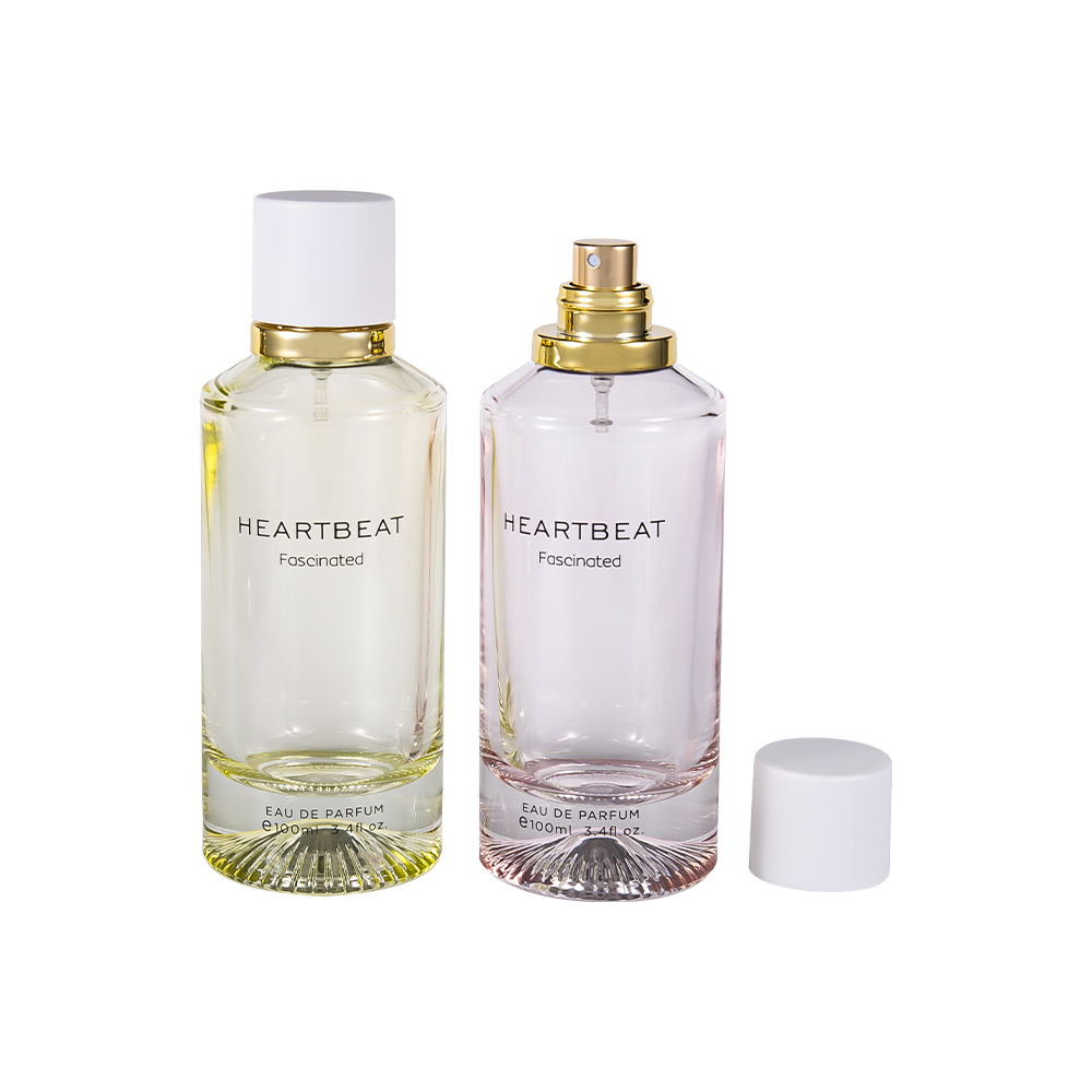  Botella de perfume con fondo estampado de 100 ml GC4406-WJ2326 con tapa de perfume blanca y anillo de aluminio grande