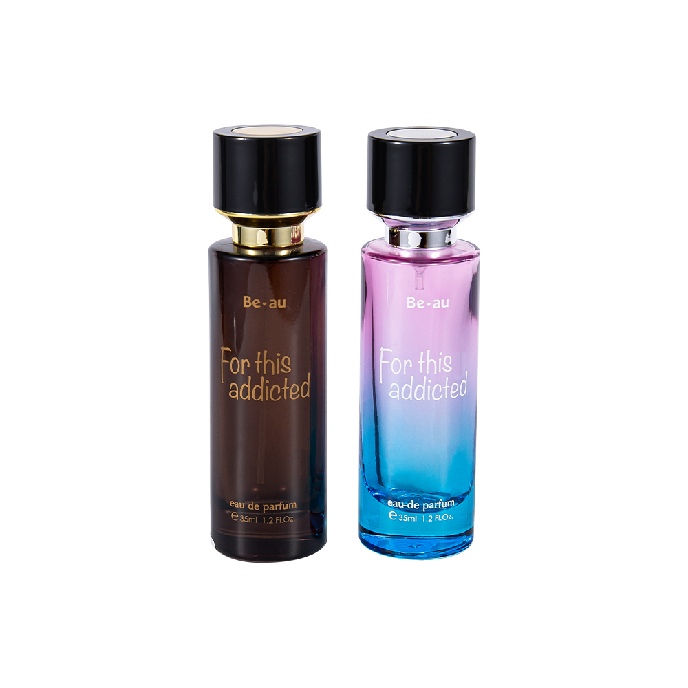 Botella de perfume cilíndrica GC4467-WJ2390 de 35 ml con tapa ABS negra y pieza UV