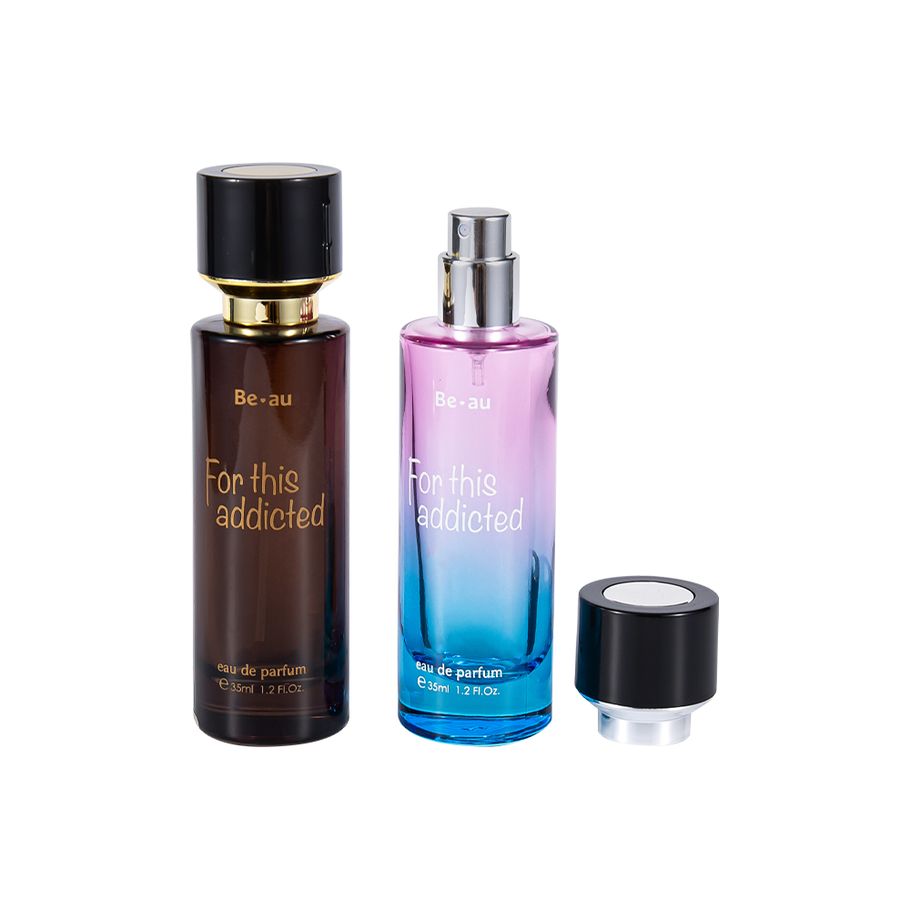 Botella de perfume cilíndrica GC4467-WJ2390 de 35 ml con tapa ABS negra y pieza UV